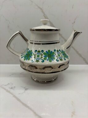 Vintage Gibson Floral Teapot Green Blue Daisy Pattern with Silver Trim Retro